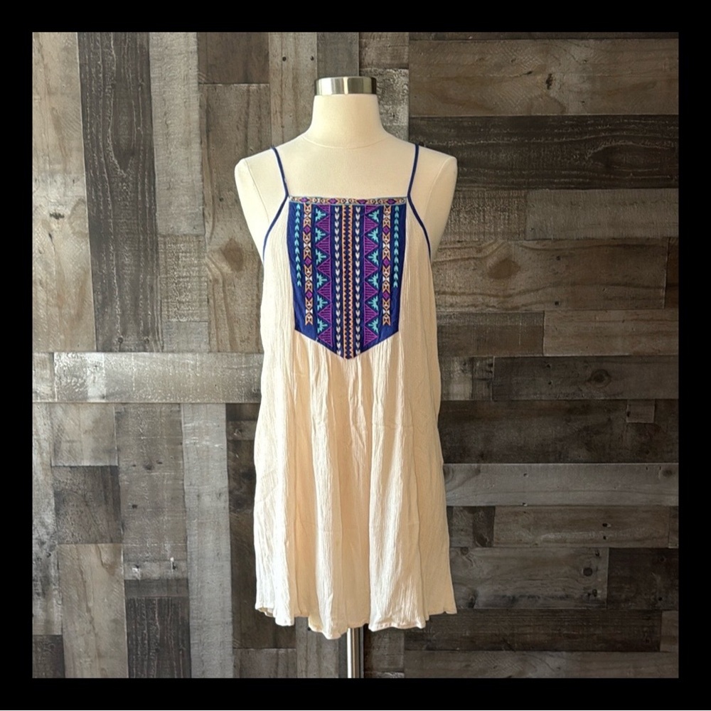 Cream Sleeveless Boho Sundress with Blue & Purple Embroidery